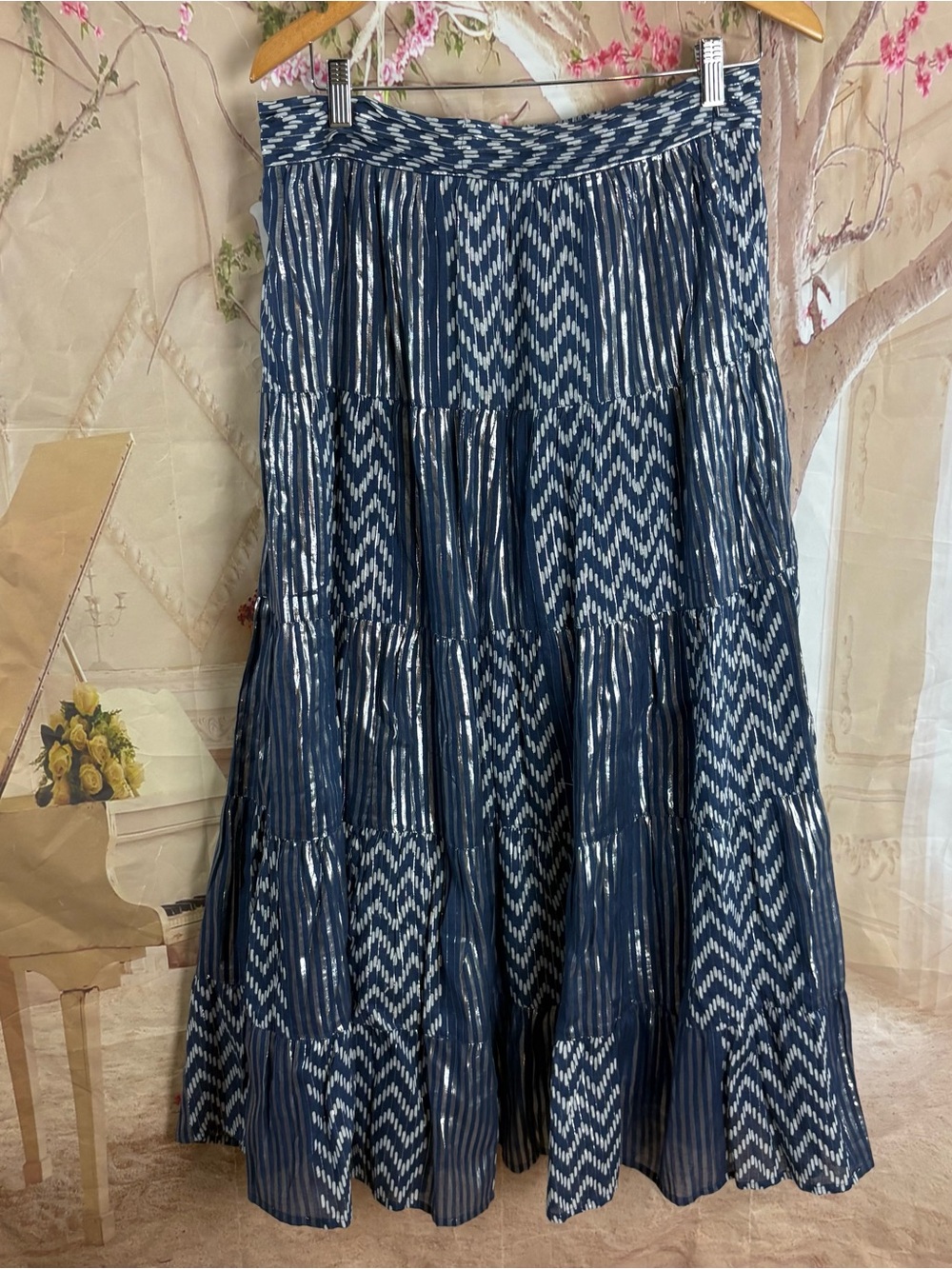 NEW Soft Surrounding Brillar Navy Patterned Foil Tiered Maxi Skirt and Top Set - Picture 8 of 13